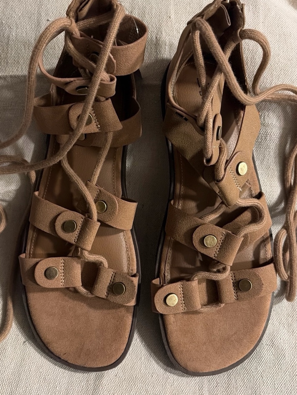 No Boundaries Tan Lace-Up Gladiator Sandals with Stud Accents
